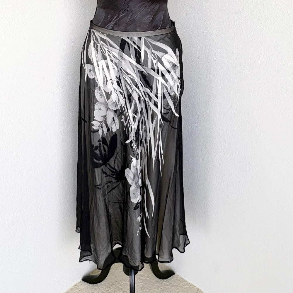 Dana Bachman 100% Silk Floral Sheer Midi Skirt 10 Black White DBMU0835k16